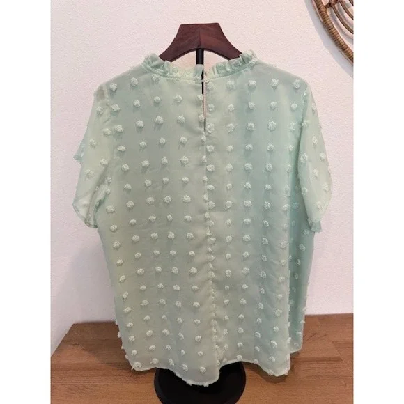 Chic Soul 1X Mint Green Pom Pom Ruffle Neck Short Sleeve Blouse Top - Picture 3 of 3